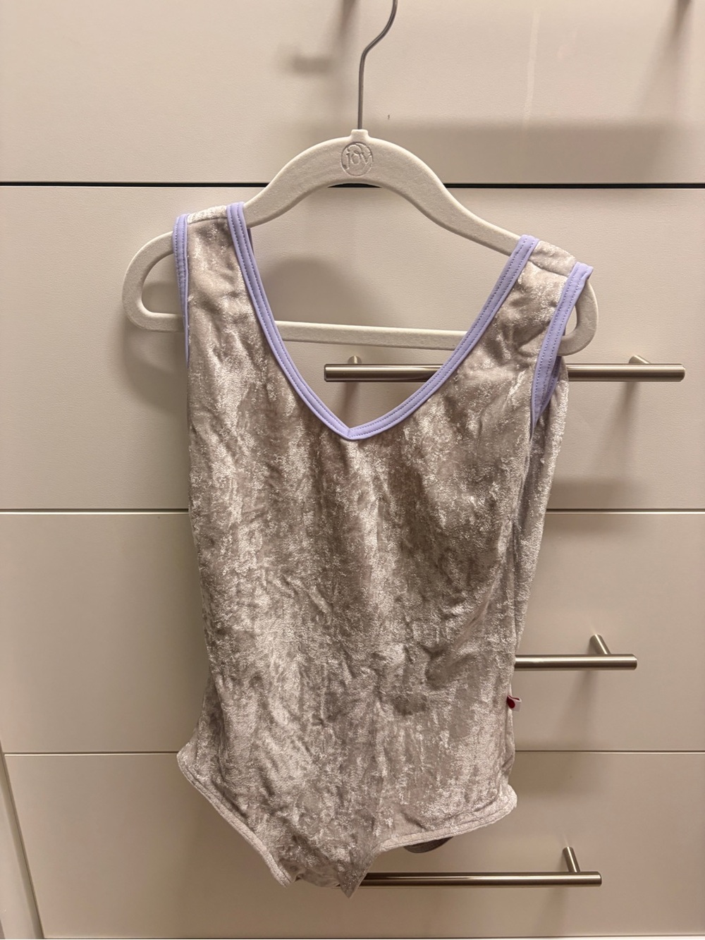 Yumiko Custom Silver Velvet Leotard with Lilac Trim